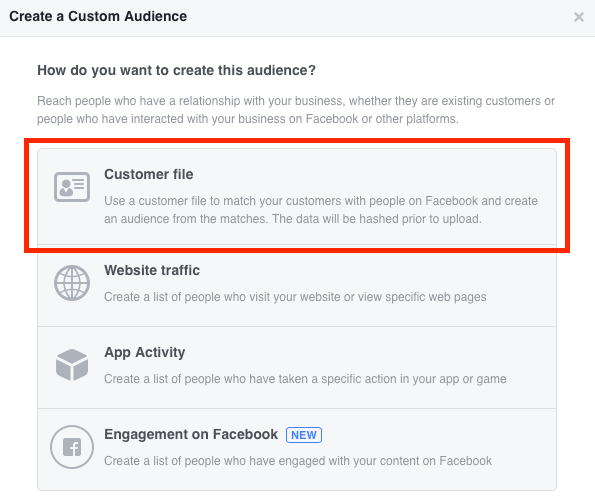 Sélectionnez Fichier client lors de la création d'une audience de messagerie personnalisée Facebook.