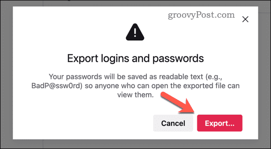 Confirmer l'exportation des identifiants Firefox