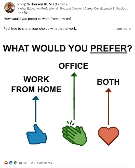 exemple de publication LinkedIn demandant aux gens de répondre avec des réactions pour voter pour leur lieu de travail préféré à l'avenir