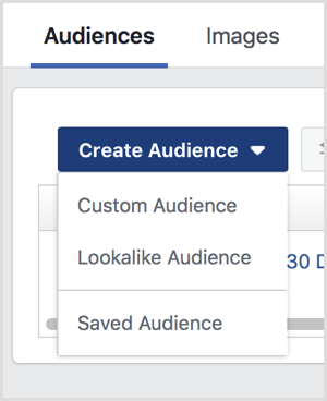 Options du menu déroulant Créer une audience sur la page Audiences Facebook