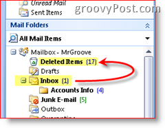 Capture d'écran d'Outlook 2007 expliquant que les éléments supprimés sont déplacés vers le dossier des éléments supprimés