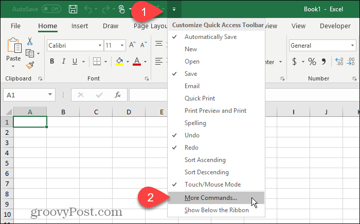 Sélectionnez plus de commandes dans la barre d'outils d'accès rapide dans Excel