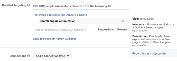 Exemple de ciblage Facebook standard pour l'intérêt Search Engine Optimization résultant en une audience trop importante, à 25 millions.