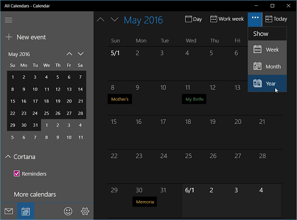 L'application Calendrier pour Windows 10 Insider Build 11099 obtient une vue annuelle