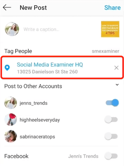 option de nouvelle publication instagram montrant un emplacement sélectionné pour le marquage