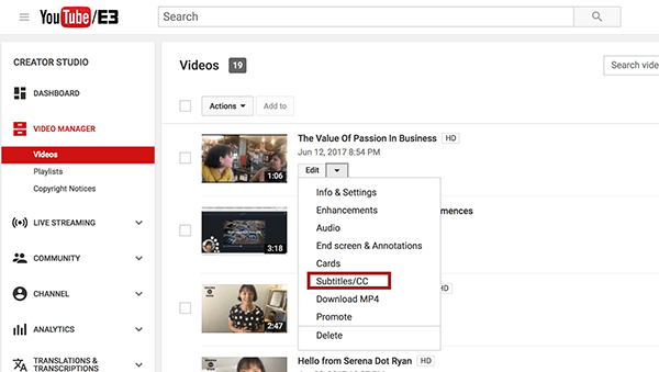 Une fois dans le Gestionnaire de vidéos YouTube, choisissez l'option Sous-titres / CC dans le menu déroulant Modifier à côté de la vidéo que vous souhaitez sous-titrer.