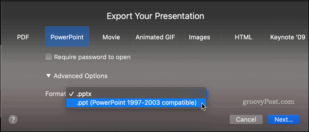 Exportation d'une présentation Keynote en tant que fichier PPT