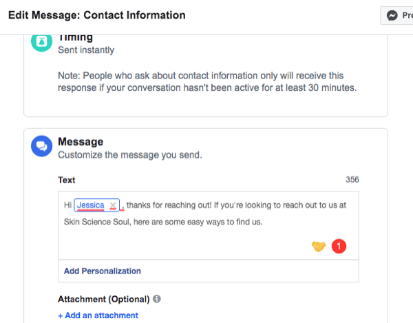 capture d'écran de l'interface de configuration pour la réponse automatisée des informations de contact de Facebook Messenger