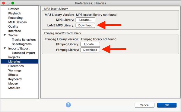 Installez l'encodeur MP3 LAME et la bibliothèque FFmpeg en option avec Audacity.