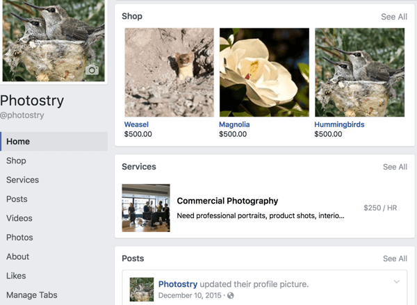 Voici à quoi ressemble la mise en page de la page Facebook si vous positionnez d'abord vos onglets Boutique et Services.