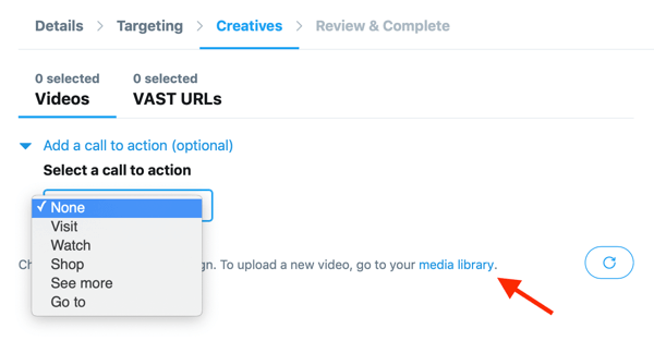 Options permettant de définir un appel à l'action pour votre vidéo hébergée sur Twitter pour votre annonce Twitter In-Stream Video Views (Pre-Roll).