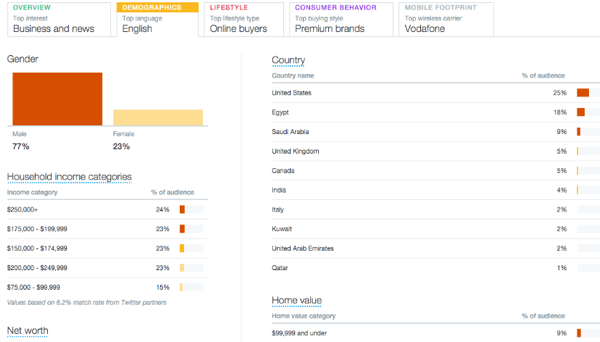 Exemple d'informations sur l'onglet Données démographiques de l'audience Twitter