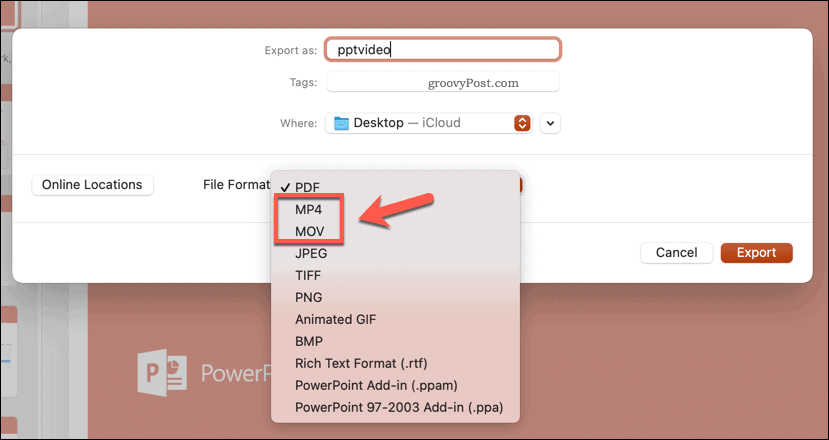 Sélection du format de fichier d'exportation dans PowerPoint sur Mac