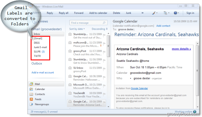 client de messagerie pour Windows Live Mail, les étiquettes Gmail sont converties en dossiers dans Windows Live Mail