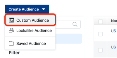 étape 1 de la création d'une audience personnalisée sur Facebook