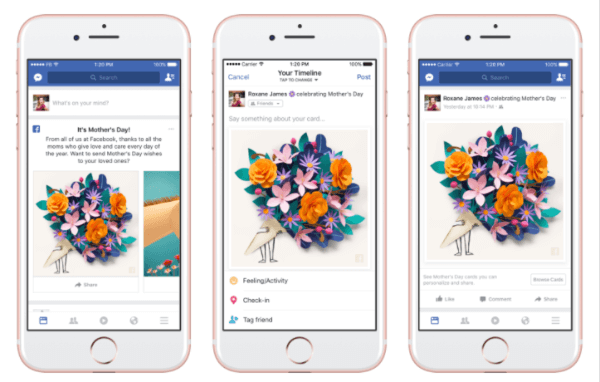 Facebook a déployé des cartes personnalisées, des masques et des cadres thématiques dans la caméra Facebook, et une réaction temporaire de «remerciement» en l'honneur de la fête des mères.