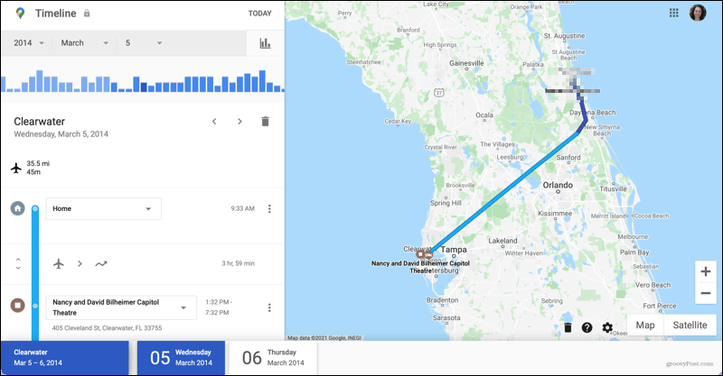 Détails du voyage sur la chronologie de Google Maps