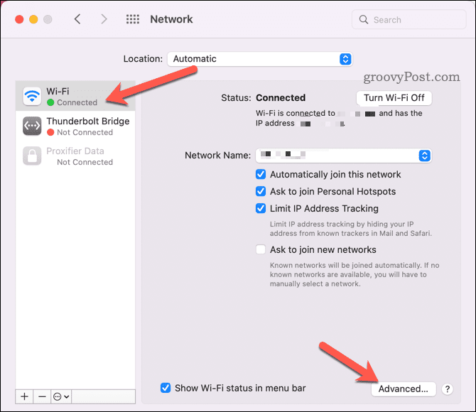 Ouvrir les paramètres réseau avancés du Mac