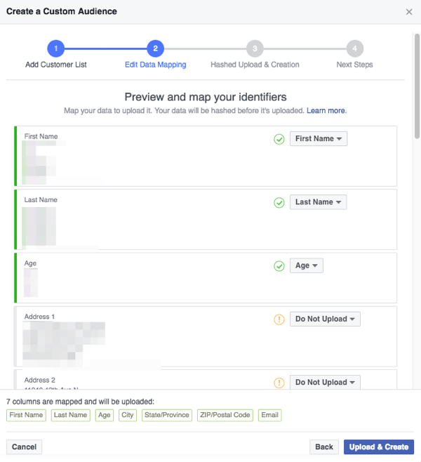 Assurez-vous que les champs que Facebook détecte dans votre fichier CSV sont correctement mappés aux catégories que Facebook comprend.