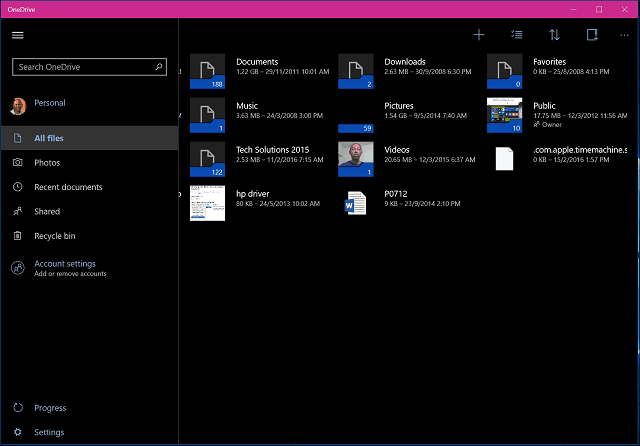 Fenêtres de l'application OneDrive 10 4