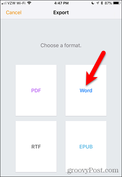 Appuyez sur Word dans Pages pour iOS