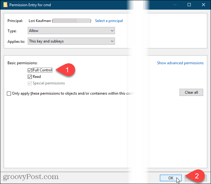Cochez Contrôle total et cliquez sur OK dans la boîte de dialogue Entrée d'autorisation dans le Registre Windows