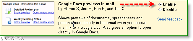les aperçus de google docs peuvent être activés dans les paramètres Labs