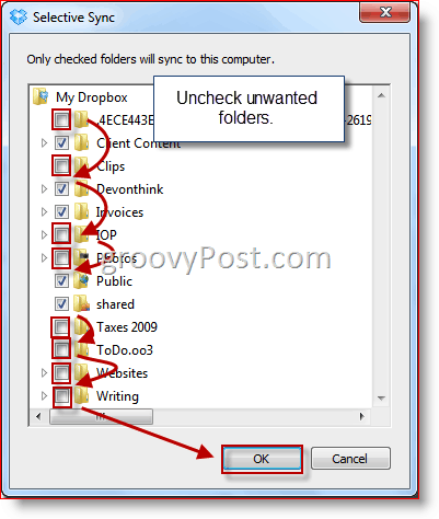 Sélection du dossier Dropbox de synchronisation sélective Windows