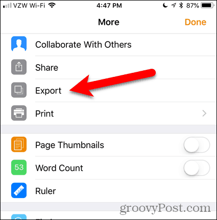 Appuyez sur Exporter dans Pages pour iOS