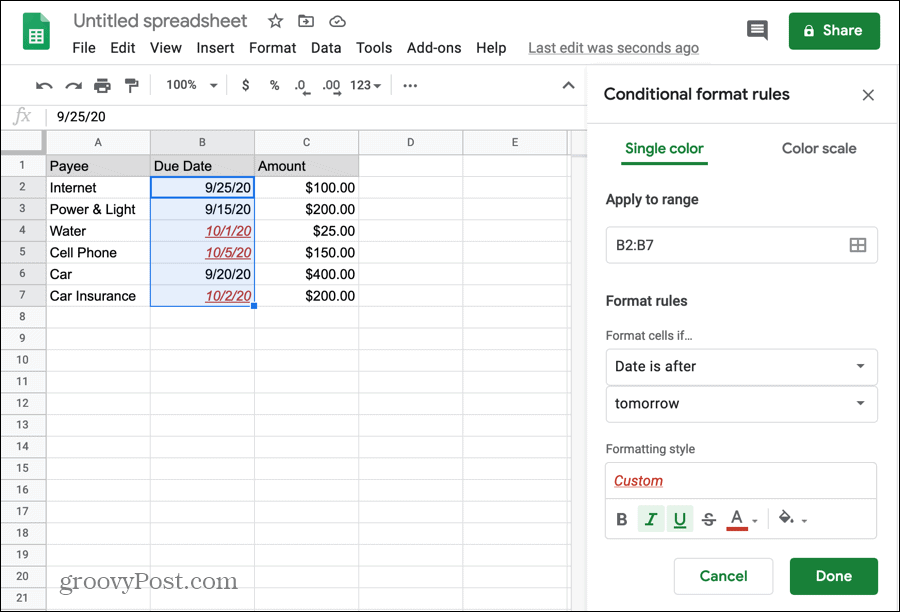 Mise en forme conditionnelle des dates dans Google Sheets