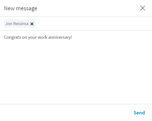 Lorsque vous cliquez sur le bouton Dites félicitations, LinkedIn ouvre un nouveau message avec une brève introduction.