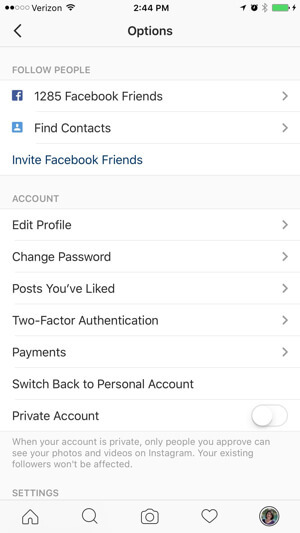 options de profil d'entreprise instagram