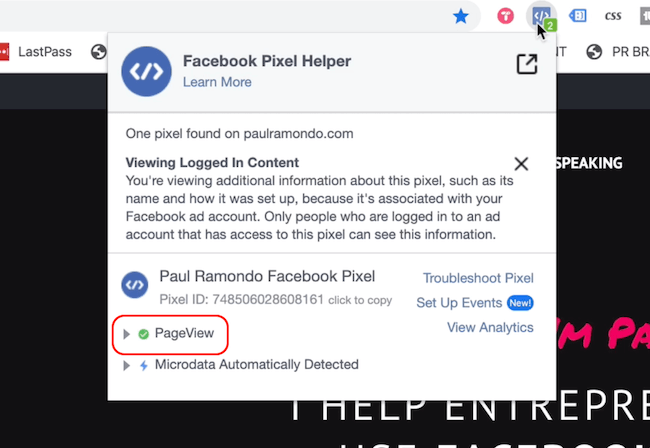 Facebook Pixel Helper affichant l'événement de vue de page
