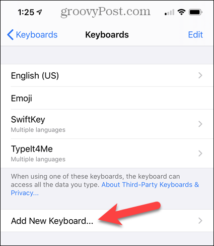 Appuyez sur Ajouter un nouveau clavier dans les paramètres de l'iPhone