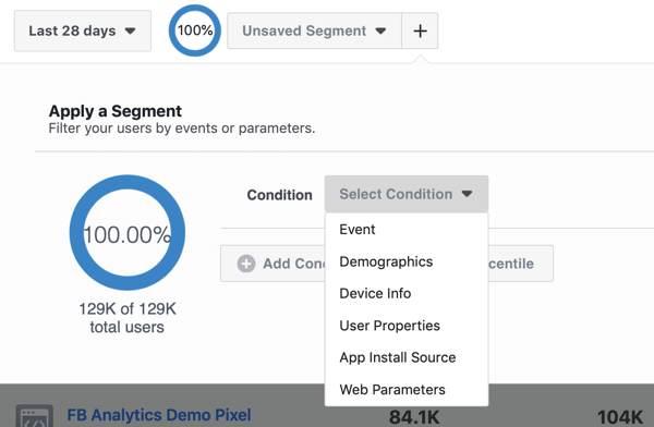 Options de condition pour vos segments dans vos groupes de sources d'événements Facebook Analytics.