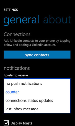 lié dans l'application pour les options de notification de Windows Phone