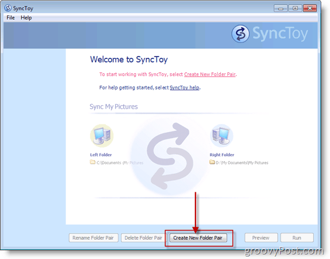 Capture d'écran de Microsoft SyncToy Créer une nouvelle paire de dossiers