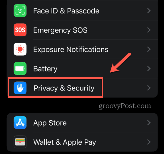 menu de confidentialité et de sécurité iOS