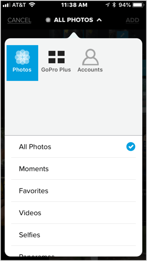Appuyez sur l'icône + et sélectionnez une vidéo ou cinq images ou plus à importer dans Quik.