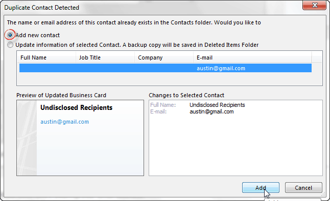 Faire apparaître Outlook pour envoyer des e-mails à des destinataires non divulgués