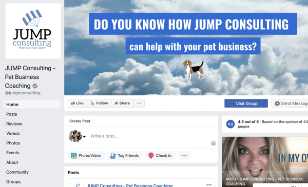 Comment utiliser les fonctionnalités de Facebook Groups, exemple de page Facebook pour JUMP Consulting
