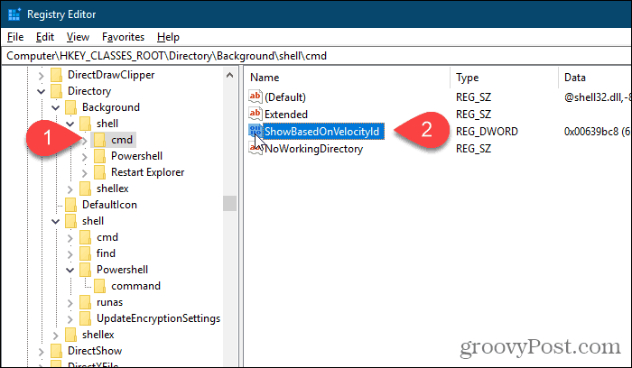 Renommer la valeur HideBasedOnVelocityId de cmd d'arrière-plan dans l'éditeur de registre Windows