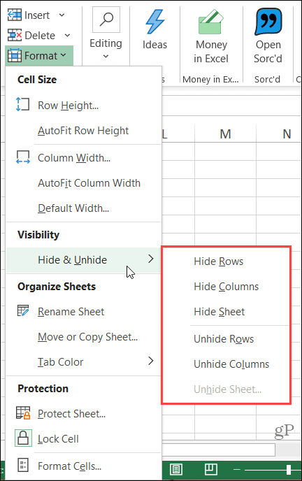Masquer le ruban de colonne dans Excel sous Windows