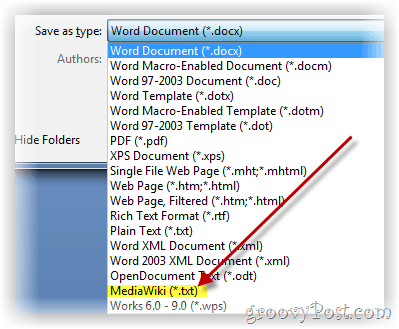 Enregistrer le document Word en tant que texte au format Mediawiki