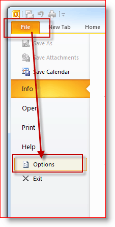 Fichier Outlook 2010, menu Options