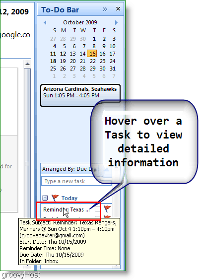 Barre de tâches Outlook 2007 - Passez la souris sur l'élément pour plus de détails
