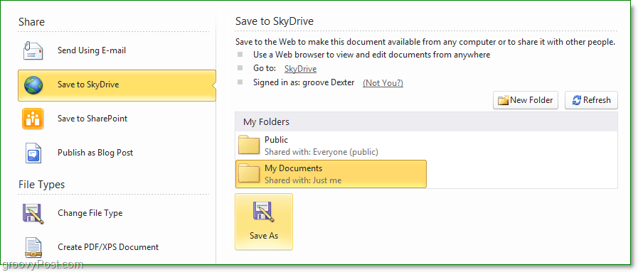 comment enregistrer un fichier dans Office 2010 skydrive