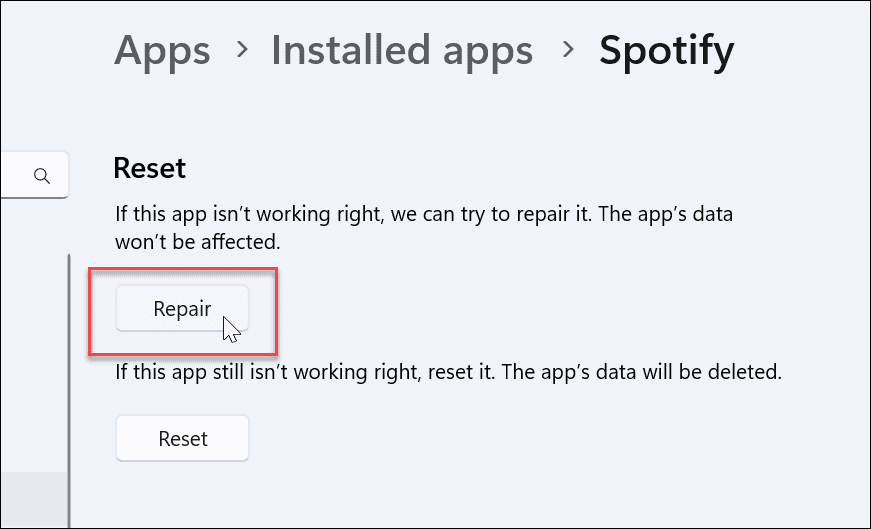 réparer l'application spotify