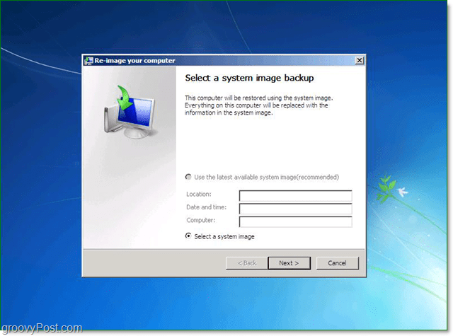 sélectionnez votre sauvegarde d'image système Windows 7