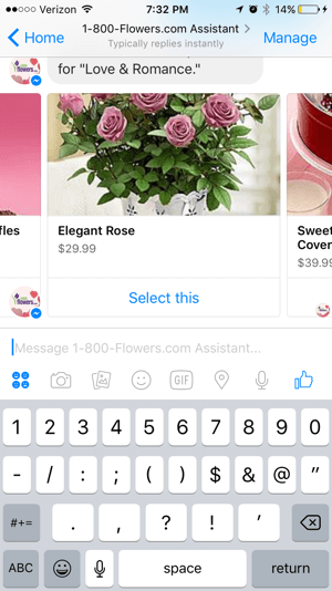 Les clients peuvent facilement parcourir et sélectionner les produits du chatbot 1-800-Flowers.